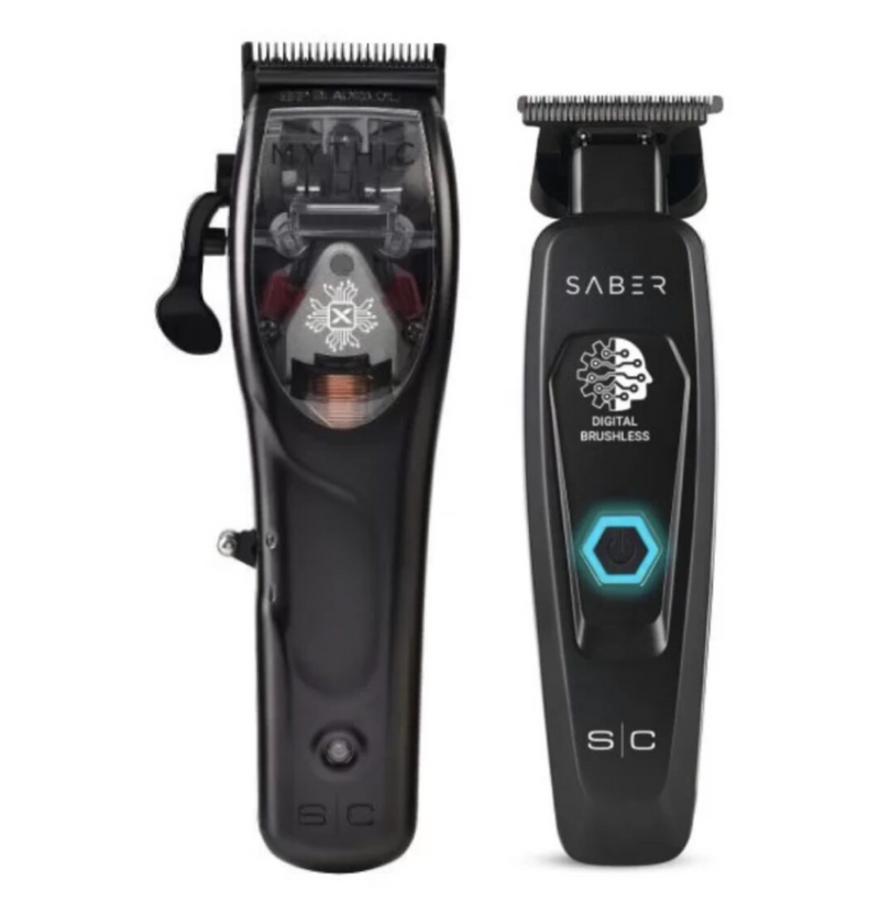StyleCraft S|C Mythic & Saber Black Combo – Black Metal Body Cordless Clipper & Black Trimmer Duo