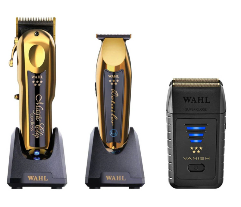 Wahl Pro 4pc Gold Limited Edition Combo by ibs – Gold Magic clip Cordless, Gold Detailer li Cordless, Black Vanish Shaver, Multi-Charge Power Station