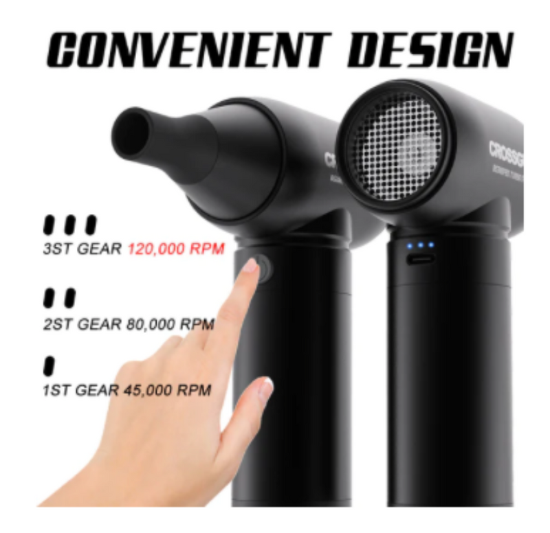 CROSSGUN Electric Cordless Mini Barber Strong Jet Turbo Fan Air Duster Black- with Integrated Vacuum Cleaner Accessory