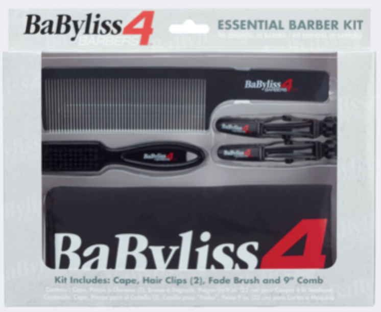 BABYLISSPRO BARBOLOGY ESSENTIAL BARBER KIT includes: cape, hair clips (2), fade brush, and 9” comb