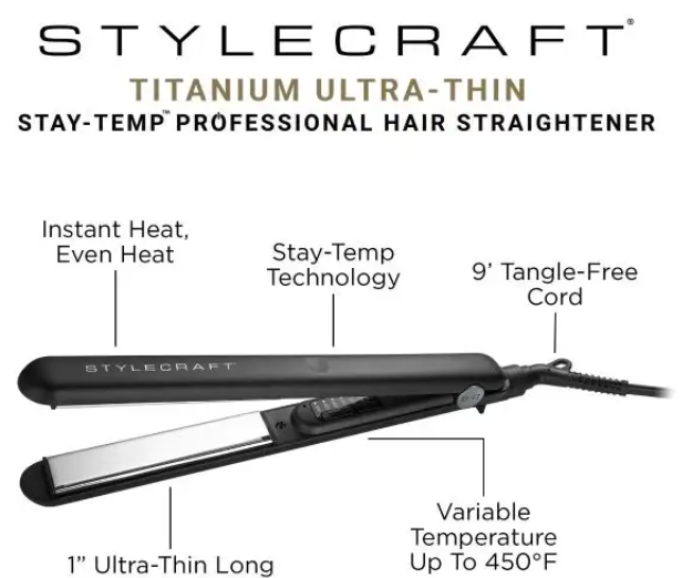Stylecraft S|C stay-temp flat iron – professional 1″ inch flat iron with titanium plates – SC717B
