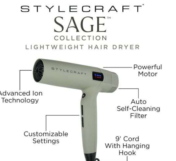 Stylecraft S|C sage hair dryer – professional lightweight hairdryer with digital brushless motor – SC107B