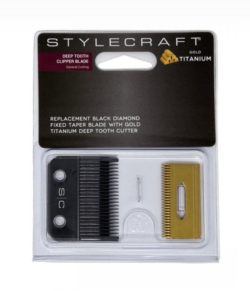 Stylecraft CLIPPER BLADE WITH DLC TAPE FIXED BLADE AND DEEP TOOTH GOLD TITANIUM CUTTER – ergo and alpha
