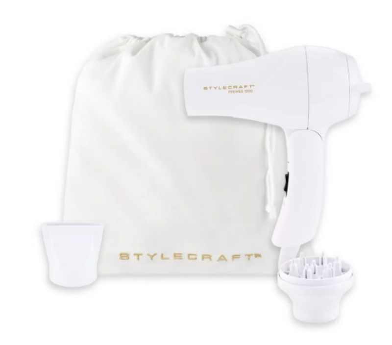 StyleCraft S|C Peewee 1200 Folding Handle Compact Travel Hair Dryer – White