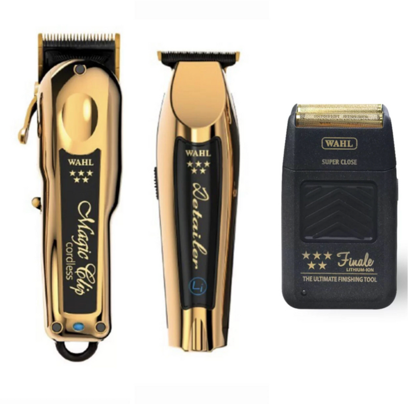 Wahl Pro 3pc Gold Limited Edition Combo – Gold Magic clip Cordless, Gold Detailer li Cordless, Black Finale Shaver