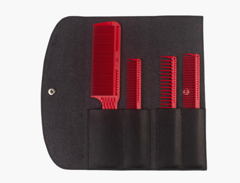 JRLprofessional Barber Red Comb Set with leather bag – 4 pcs J301, J302, J304, J202