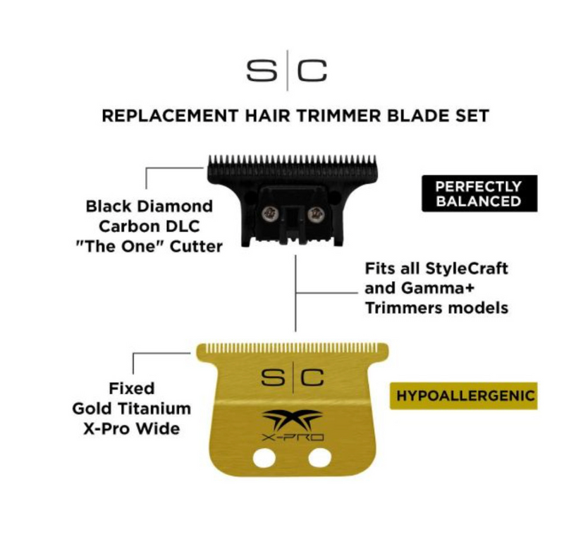 StyleCraft S|C Fixed Gold Titanium X-Pro Wide Hair Trimmer Blade with Black Diamond Carbon DLC – “The One Cutter Set” SC527GB