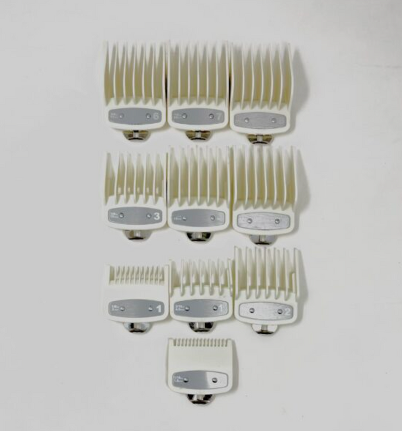 Solid White Clipper Premium Guards set with metal clip – fits wahl and babyliss (10pc = 1-8, 0.5, 1.5)