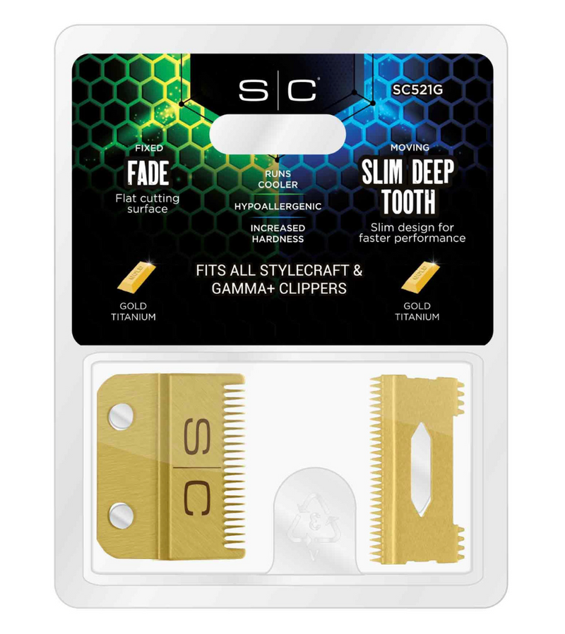 StyleCraft S|C REPLACEMENT FIXED GOLD TITANIUM FADE CLIPPER BLADE WITH GOLD TITANIUM MOVING SLIM DEEP TOOTH CUTTER SET