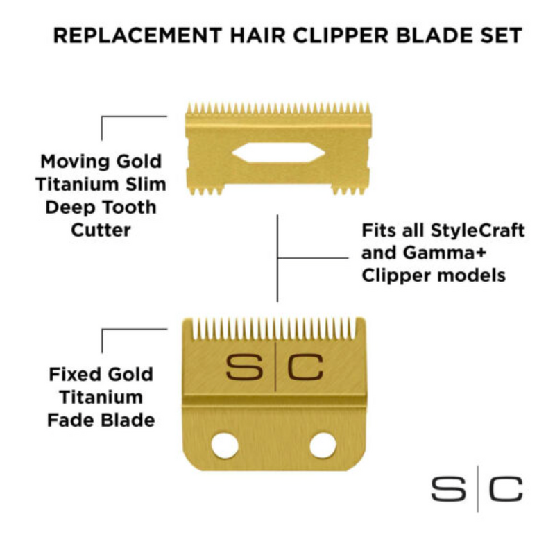 StyleCraft S|C REPLACEMENT FIXED GOLD TITANIUM FADE CLIPPER BLADE WITH GOLD TITANIUM MOVING SLIM DEEP TOOTH CUTTER SET