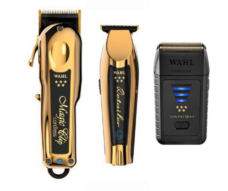 Wahl Pro 3pc Gold Limited Edition Combo  – Gold Magic clip Cordless, Gold Detailer li Cordless, Black Vanish Shaver